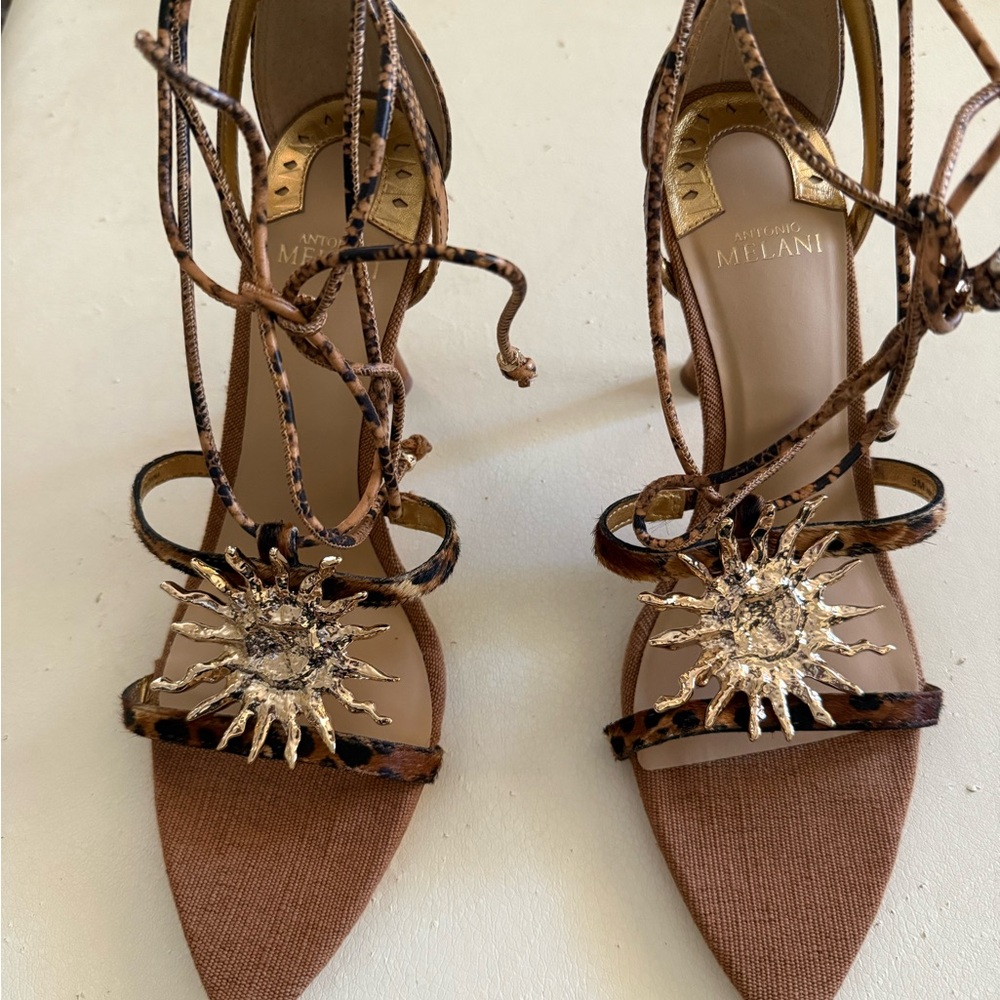 Antonio Melani Leopard Print Heels with Gold Sunburst